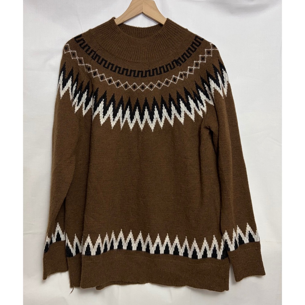 Unbranded Fair Isle Sweater Mens XL Brown Excellent Nordic Geometric Mock Neck